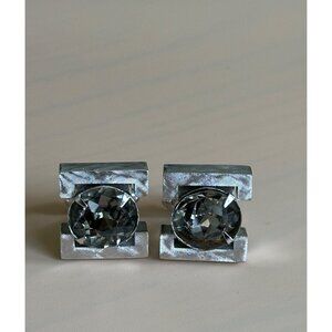Vintage Silver-Tone Cufflinks With Round Clear Rhinestone Accents Mens Accessory